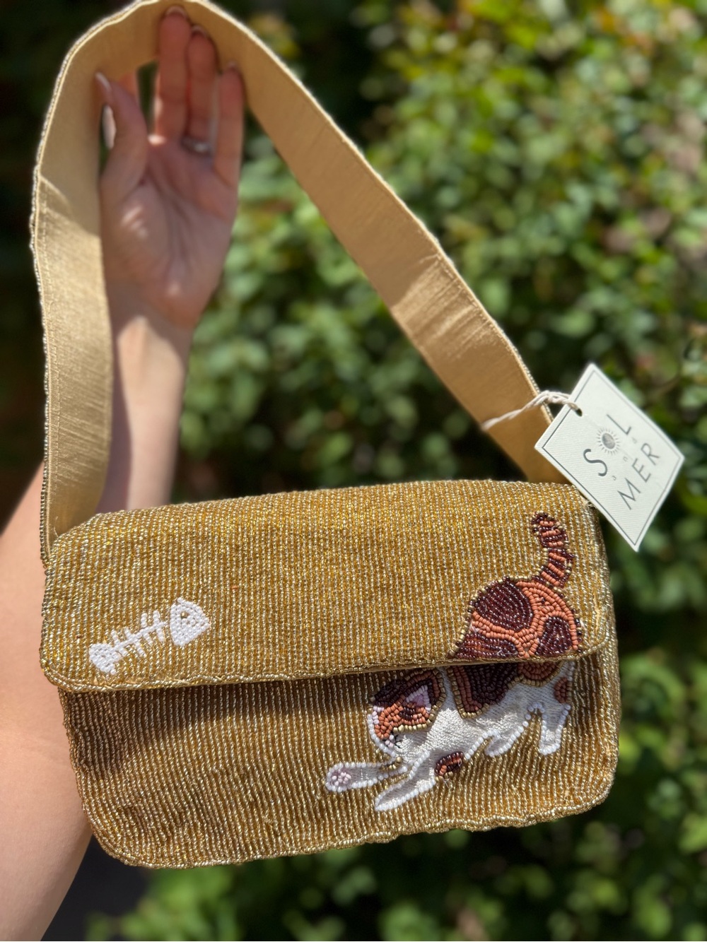 NWT Sol and Mer Cat Kitty Gold Beaded Shoulder Bag
